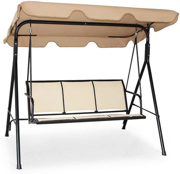 3人用ブラウンメタル屋外パティオスイングチェア、丈夫なテキスタイルシート付き